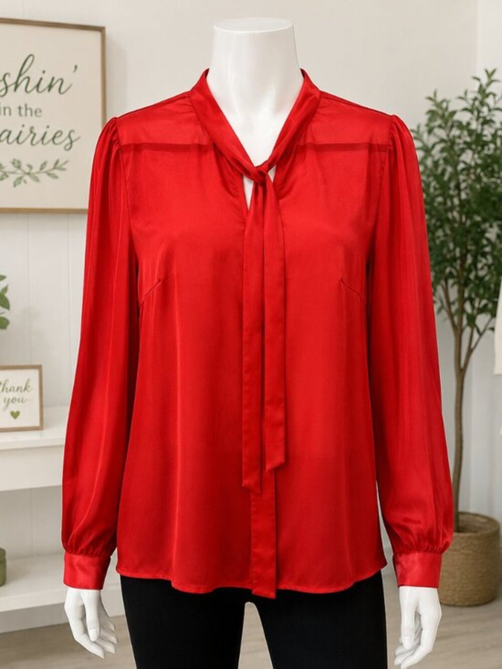 4 for $25 🍒 SHEIN Vibrant Red Semi Sheer Tie-Neck Blouse 3X